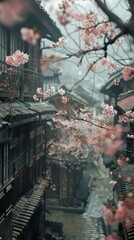 b'Japanese cherry blossoms in a traditional Japanese town'