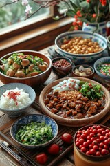 b'A table full of delicious Chinese food'