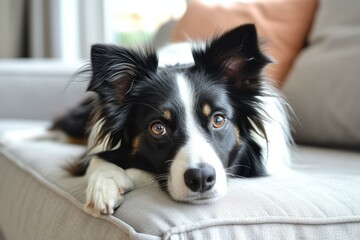 b'A cute Border Collie dog is lying on a couch and looking at the camera'