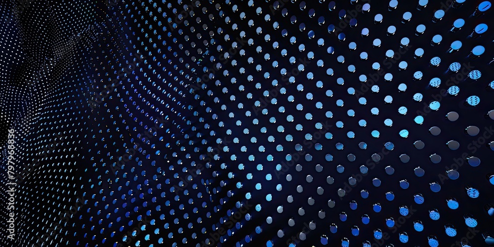 Poster blue neon-style abstract net of lines adorned with small dots, embodying technological elegance.