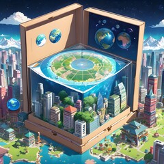 a 3d illustration of a pool with books and a world of the earth.