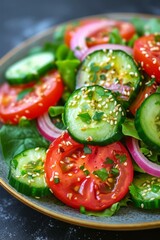 b'Refreshing tomato and cucumber salad with red onion and parsley'