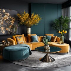 b'Blue and yellow living room interior design'