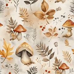 Hand drawn watercolor seamless mushroom pattern