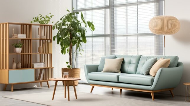 b'A stylish living room with a blue sofa, coffee table, and bookshelf'