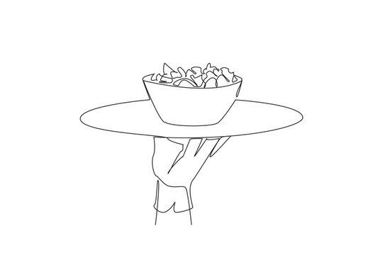 recommend clip art: Single continuous line drawing the waiter holds a food tray serving salad. Greek salad. Fresh fruit slices. Served on a bowl. Served cold is more delicious. Tasty. One line design vector illustration