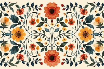 Symmetrical Painting of Flowers and Leaves on White Background