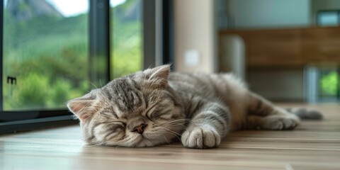 b'A cute cat is sleeping on the floor'