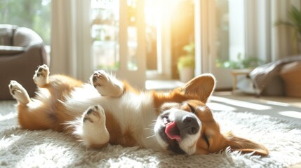 b'A cute corgi dog lying on the floor and basking in the sunlight'