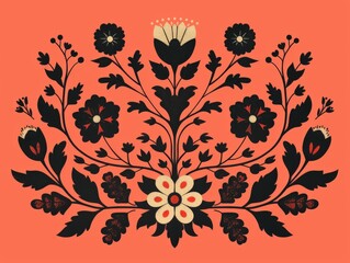 Black and White Floral Design on Orange Background