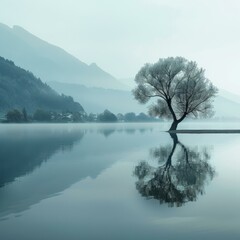 b'A Solitary Tree Stands in the Water with Mountains in the Background'