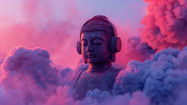 An evocative photo capturing the tranquility of a Buddha statue wearing headphones