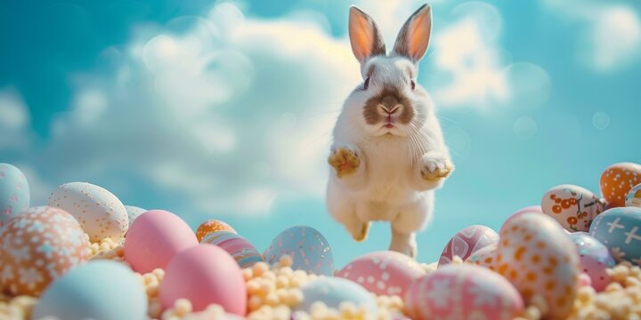 A cute white bunny jumping over colorful Easter eggs