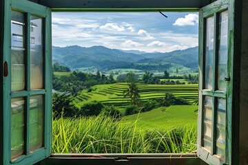 Landscape nature view background. view from window at a wonderful landscape nature view with rice terraces and space for your text .