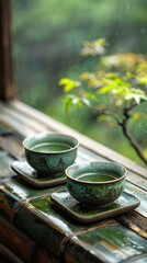 b'Two celadon teacups with tea on a bamboo table by the window' - obrazy, fototapety, plakaty