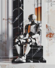 A Humanoid Robot With Sleek White and Black Design, Accented With Orange, Sits in Contemplation Against a Marbled Backdrop, Embodying the Fusion of Technology and Thought - obrazy, fototapety, plakaty