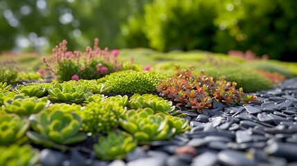 A detailed view of a green roof system with sedum plants, on a sunny day