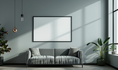 A blank image frame mockup on a light gray wall