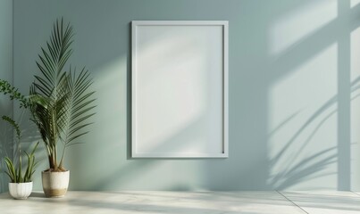 A blank image frame mockup on a light blue-gray wall in a minimalistic modern interior room - Powered by Adobe
