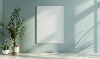 A blank image frame mockup on a light blue-gray wall in a minimalistic modern interior room