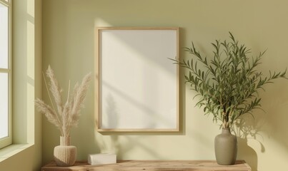 A blank image frame mockup on a light olive green wall