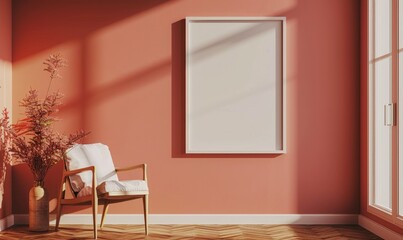 A blank image frame mockup on a muted coral wall