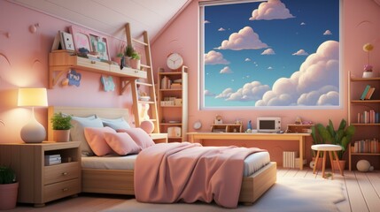 b'Cozy pink bedroom with a large window'