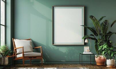 A blank image frame mockup on a muted teal green wall