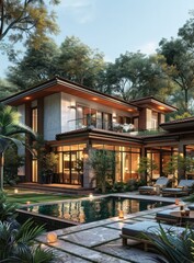 b'Modern luxury villa with pool and tropical garden'