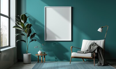 A blank image frame mockup on a muted teal green wall