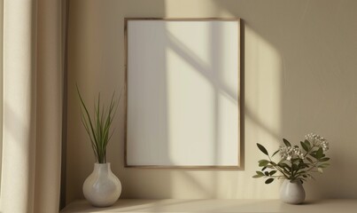 A blank image frame mockup on a soft taupe wall in a minimalistic modern interior room
