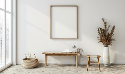 A blank image frame mockup on a white wall in a minimalistic modern interior room