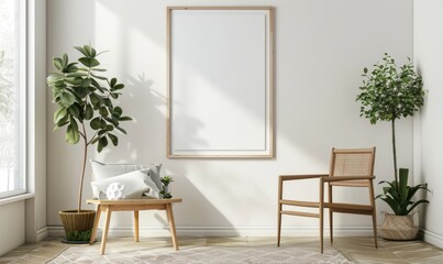 A blank image frame mockup on a white wall in a minimalistic modern interior room