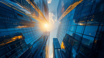 Picture of modern skyscrapers of a smart city, futuristic financial district with buildings and reflections , blue color background for corporate and business template with warm sun rays of light