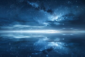 Long exposure nightscape photograph showcasing a breathtaking panorama of a starry night sky reflected on the tranquil surface of a vast ocean.
