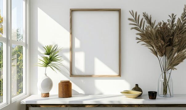 A blank image frame mockup on a white wall in a minimalistic modern interior room