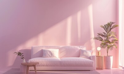 A cozy minimalistic modern interior room with soft pink walls