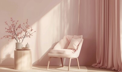 A serene minimalistic modern interior room with soft blush pink walls