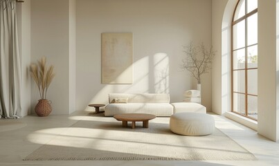 A serene minimalistic modern interior room with soft cream walls