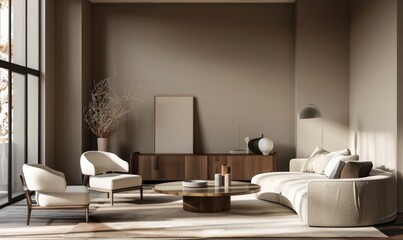 A warm minimalistic modern interior with taupe walls