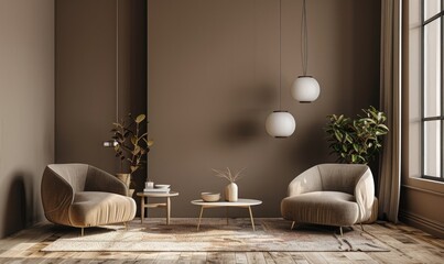 A warm minimalistic modern interior with taupe walls
