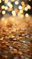 b'Pile of gold coins with blurred lights in the background' - obrazy, fototapety, plakaty