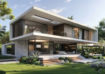 b'Modern luxury house exterior with pool and garden'