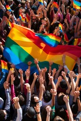 b'People of various ethnicities and sexual orientations celebrate with a rainbow flag' - obrazy, fototapety, plakaty