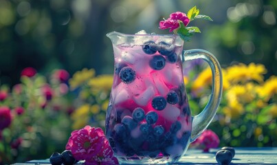 Blueberry lemonade in a pitcher with ice