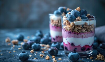 Blueberry parfait layered with yogurt and granola