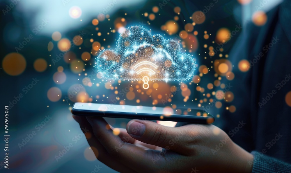 Poster conceptualizing cloud data with digital storage icons