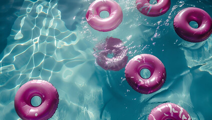 Summer season background with swimming pool water with summer word written with pink inflatable pool floats on blue water 