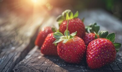 Close-up of ripe strawberries on a wooden surface - Powered by Adobe