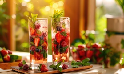 Delicious fruit cocktails in tall glasses with mixed berries and mint leaves